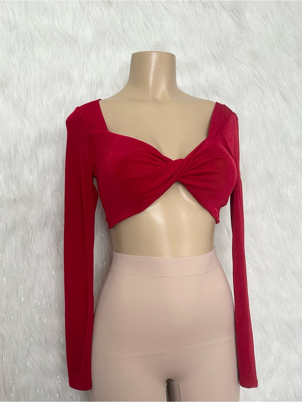 Garage Red Twist-Front Long Sleeve Crop Top